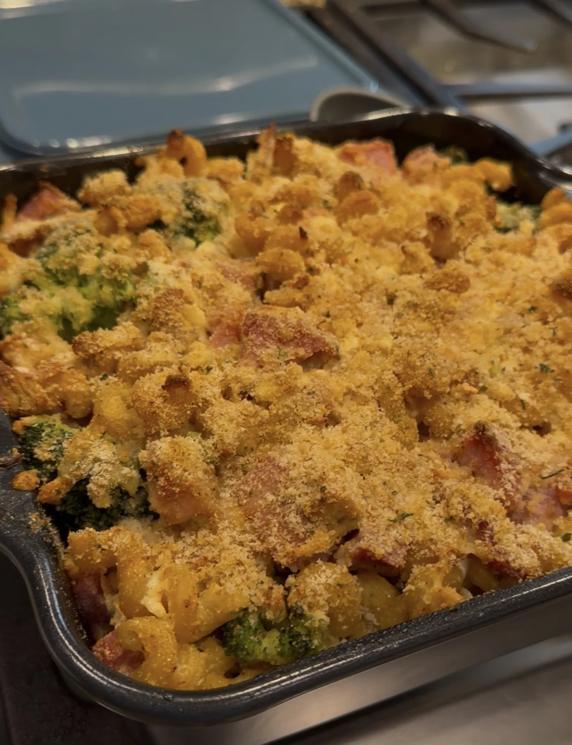  high-protein comfort food casserole packed with chicken, ham, broccoli, and cheesy goodness. 