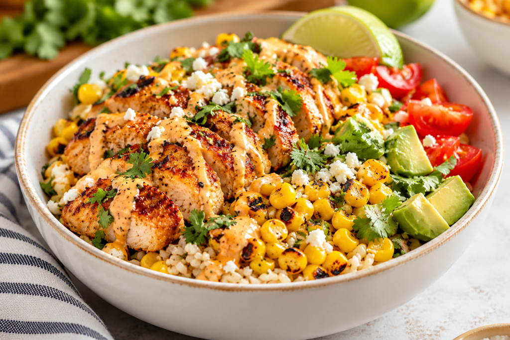 Hot honey street corn chicken bowl with colorful vegetables and creamy sauce